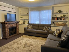 Smart TV, fireplace, books