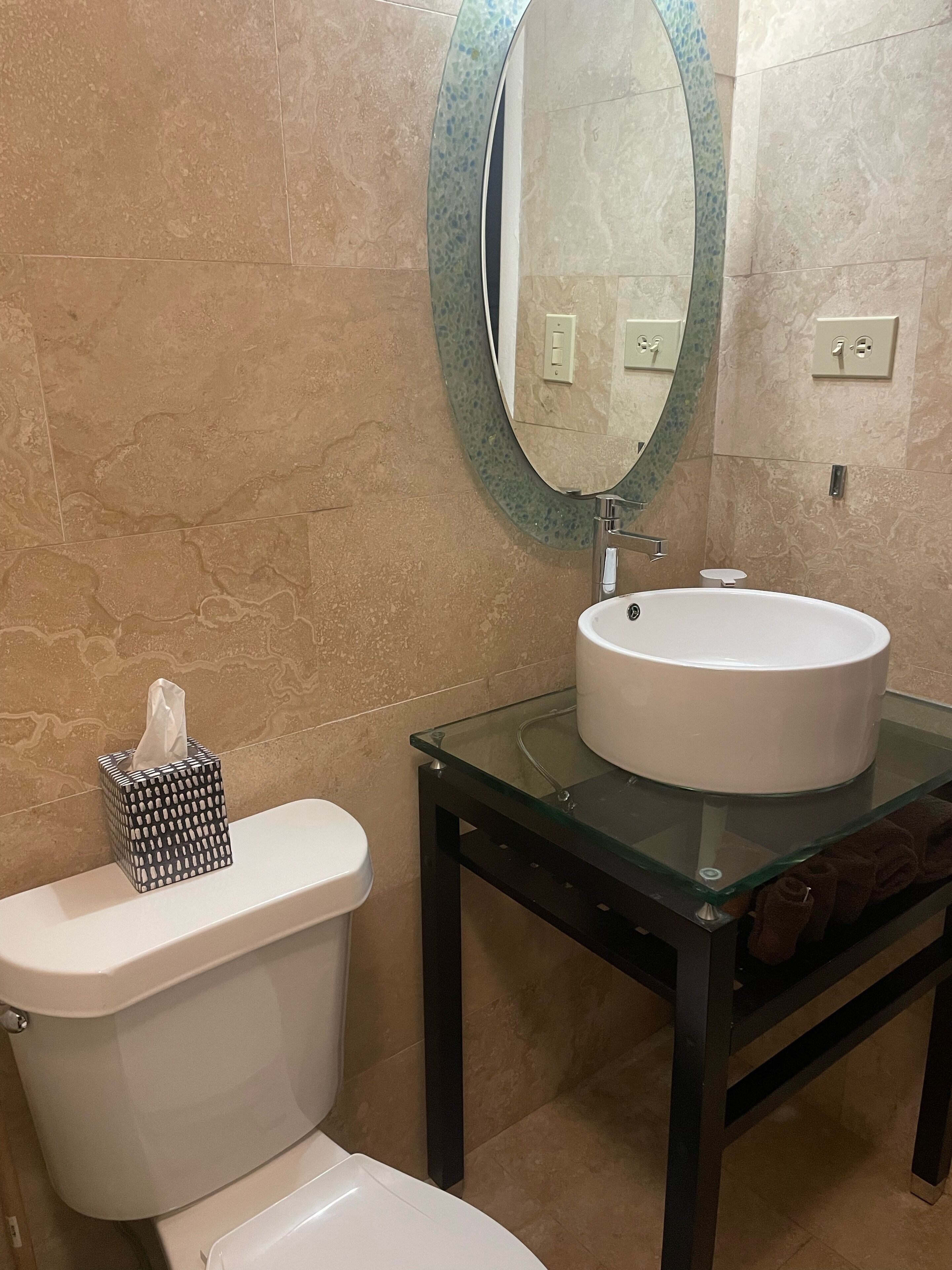 A bathroom with a toilet, a glass sink, and a mirror.