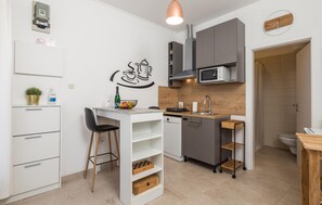 Fridge, stovetop, coffee/tea maker