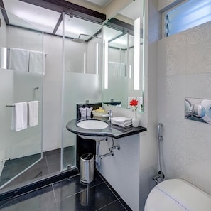 A modern bathroom with a glass shower enclosure, a black sink with a mirror above, and a toilet with a white seat.