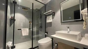 A modern bathroom with a glass shower enclosure, a white sink, and a mirror above the sink.