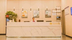Zona de recepción de hotel con mostrador de mármol, obras de arte enmarcadas en la pared y una planta en maceta.