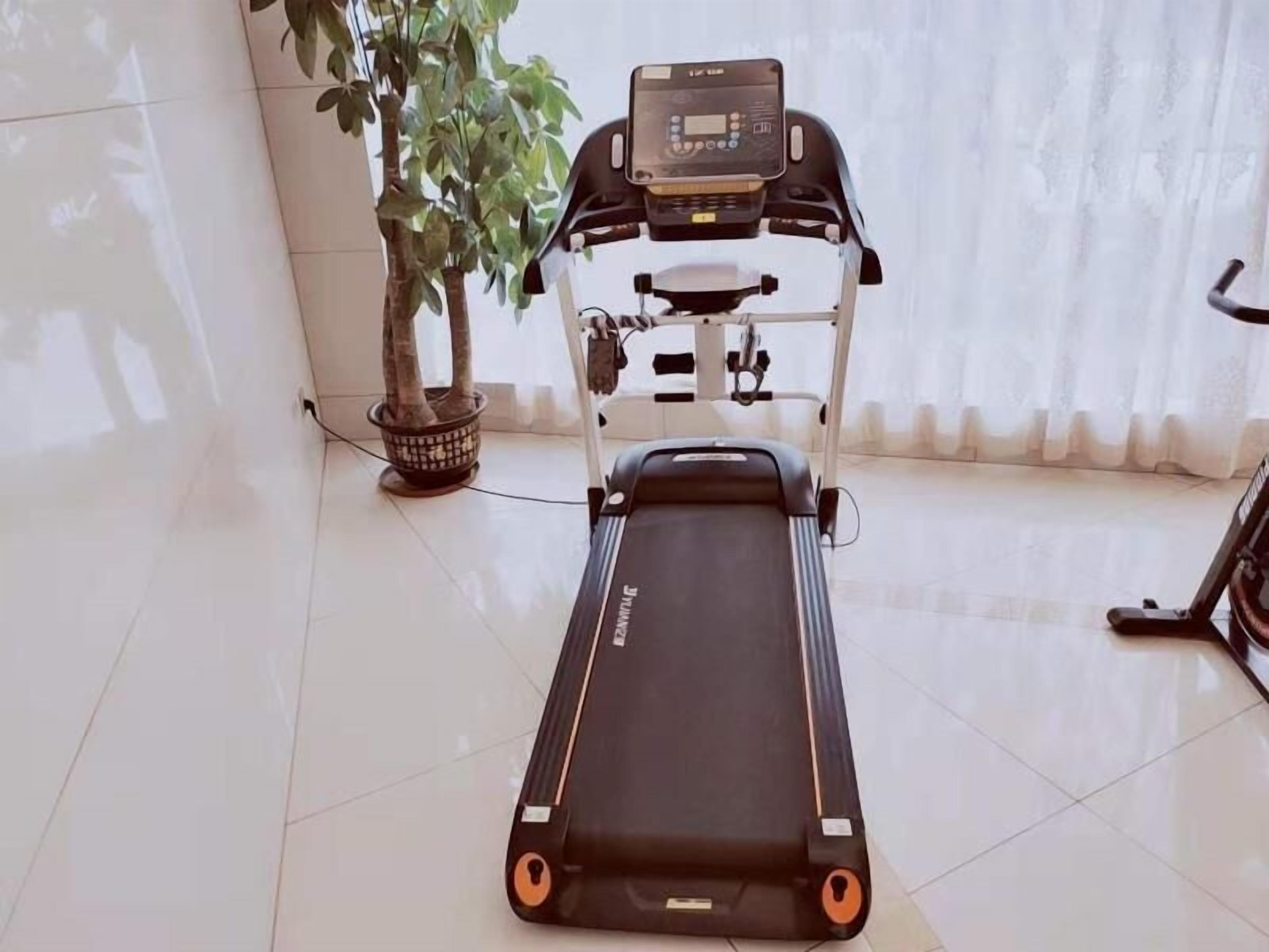 Una caminadora en una habitación con piso de baldosas, una planta en maceta y un ventanal con cortinas.
