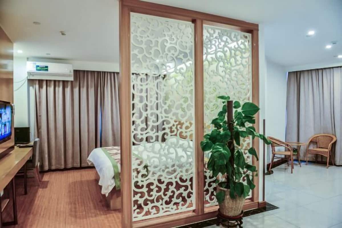 A hotel room with a bed, a TV, a desk, a potted plant, and a decorative screen.