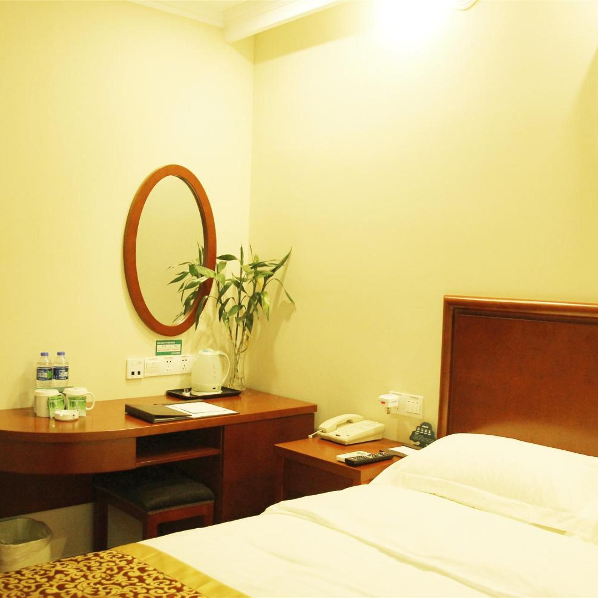 A hotel room with a bed, a desk with a mirror, a telephone, a remote control, and a plant.