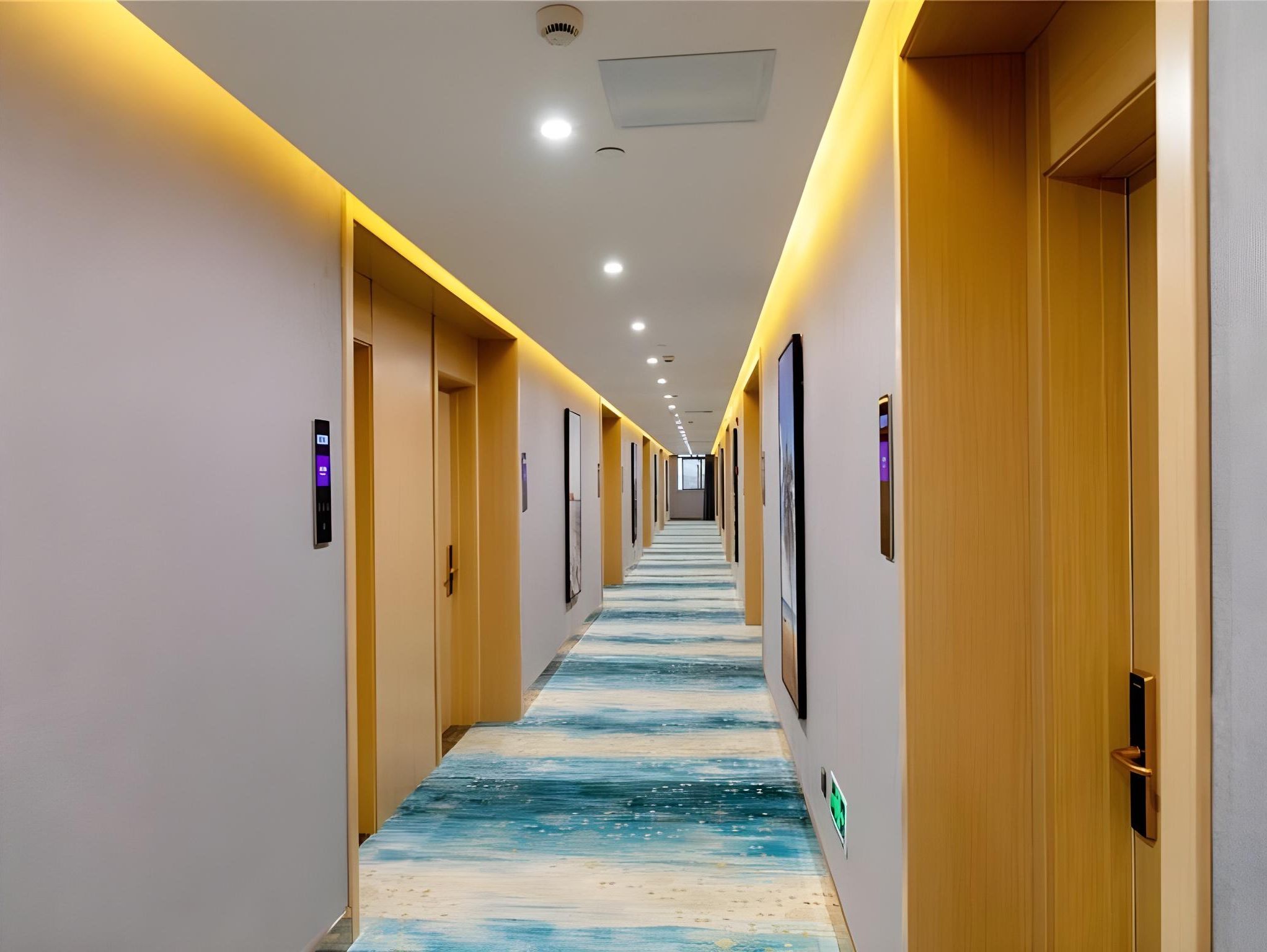 A hotel corridor with a long hallway, doors on both sides, and a patterned carpet.