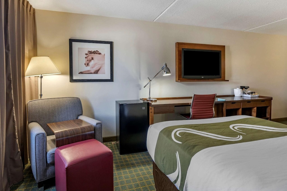 Une chambre d’hôtel équipée d’un lit, d’un bureau, d’une chaise, d’une lampe, d’une télévision et d’un réfrigérateur.