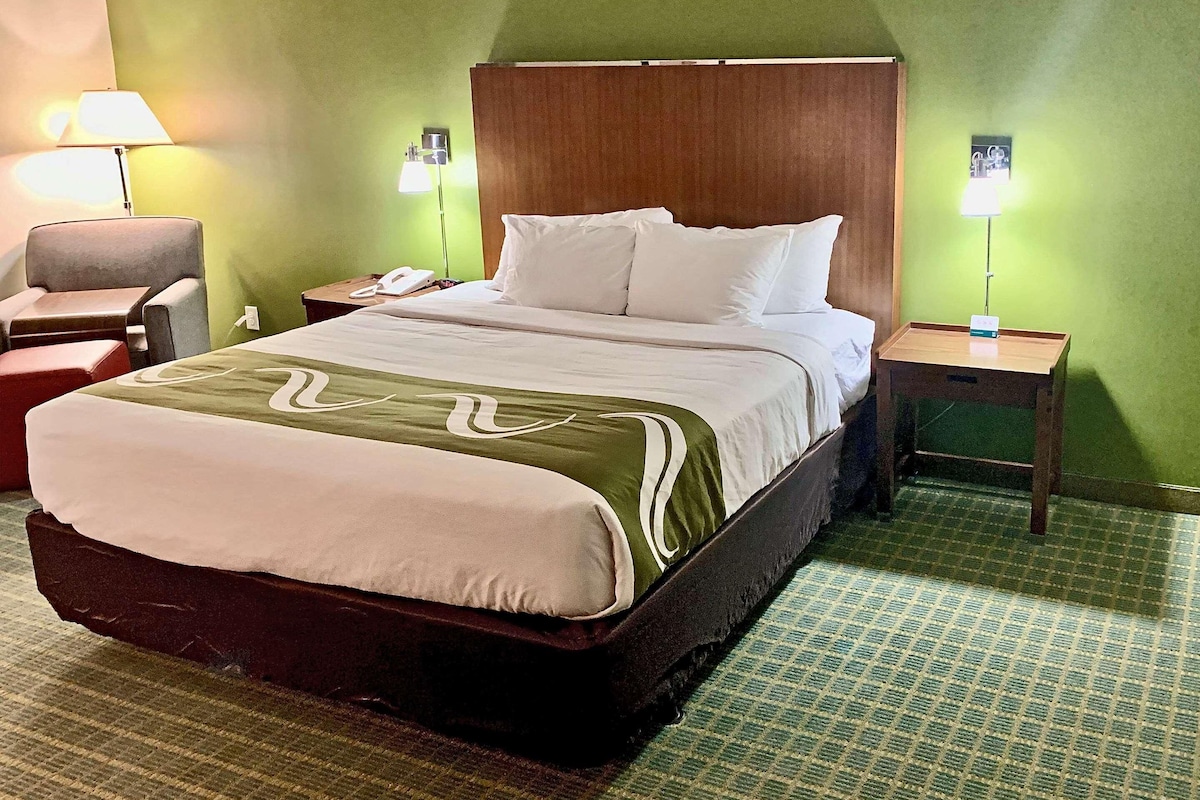 Une chambre d’hôtel avec un grand lit, des murs verts et deux tables de chevet avec des lampes.
