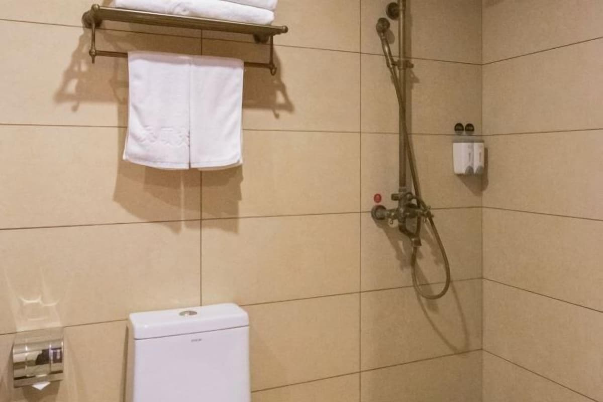 A bathroom with a toilet, a towel rack with a towel, and a shower with a handheld showerhead.