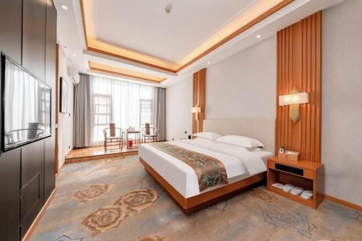 A hotel room with a large bed, a TV, a desk, and a chair.