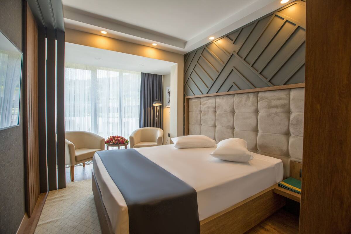 Habitación de hotel con una cama grande, una silla, un escritorio y vistas a la ciudad.
