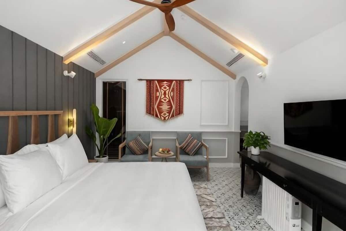 Un dormitorio con cama, televisor, planta y ventilador de techo.