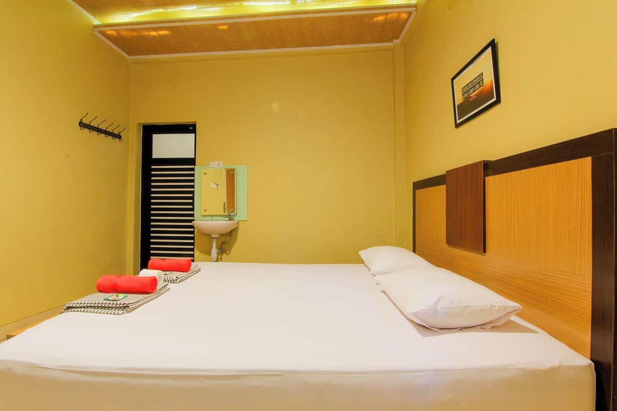 A hotel room with a bed, a sink, a mirror, and a coat rack.