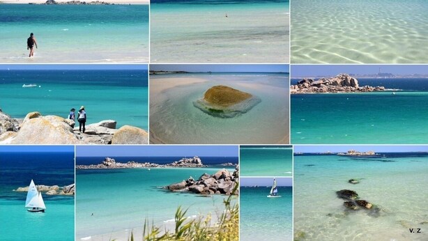 A series of coastal scenes with clear turquoise waters, rocky outcrops, and a sailboat.