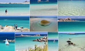 A series of coastal scenes with clear turquoise waters, rocky outcrops, and a sailboat. - Villa Panoramic sea view, last before the beach - bikes, paddles - Superb (Cléder)