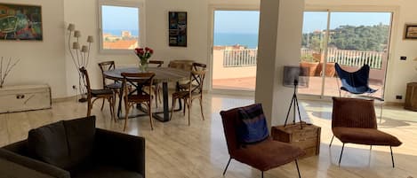 TV, fireplace, books, music library