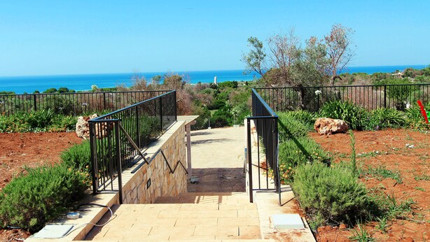 Un sentier menant à un point de vue panoramique sur la mer, bordé de verdure et entouré d’un mur de pierres.