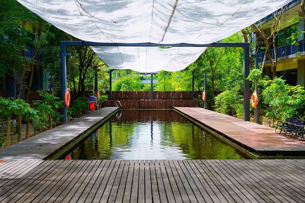 Açık yüzme havuzu, 10 ve 19 saatleri arasında açık, havuz şemsiyeleri