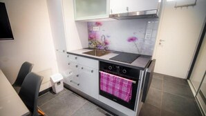 A compact kitchen with a built-in oven, a sink, and a small countertop. - Golf Apartment (Moravske Toplice)