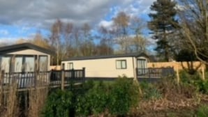 Une rangée de cabanes dotées d’une terrasse et offrant une vue sur les arbres environnants.