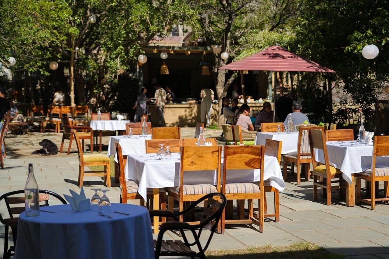 Un espace extérieur aménagé pour les repas, avec des tables et des chaises, entouré d’arbres et avec un bâtiment en arrière-plan.