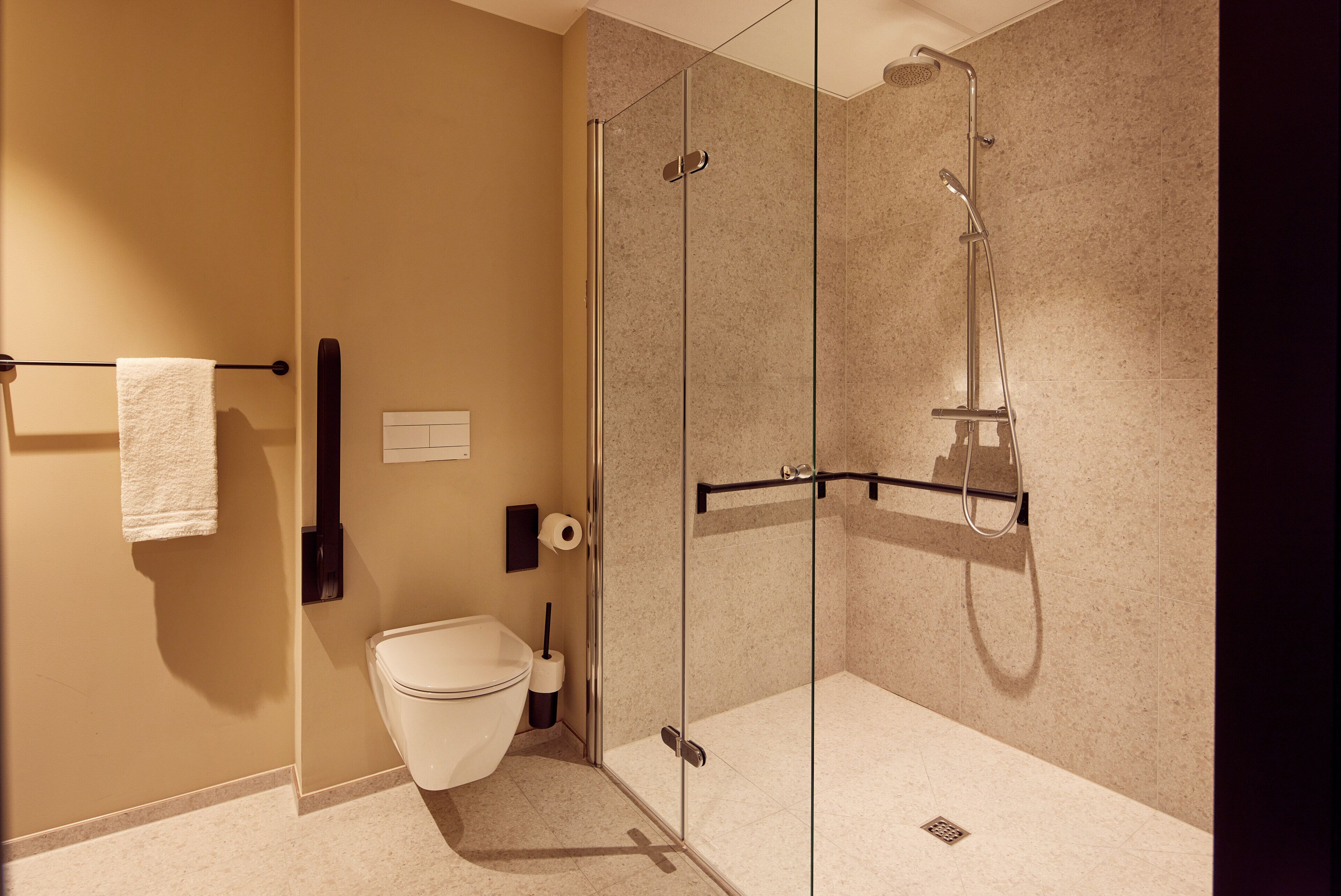 A modern bathroom with a glass-enclosed shower, a toilet, and a towel rack.