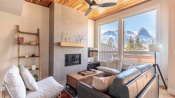 Smart TV, chimenea, libros y oficina