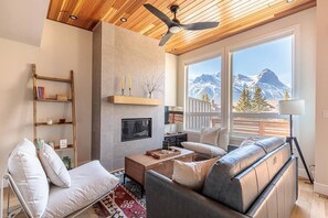 Smart TV, fireplace, books, offices