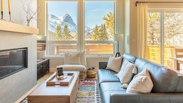Smart TV, fireplace, books, offices
