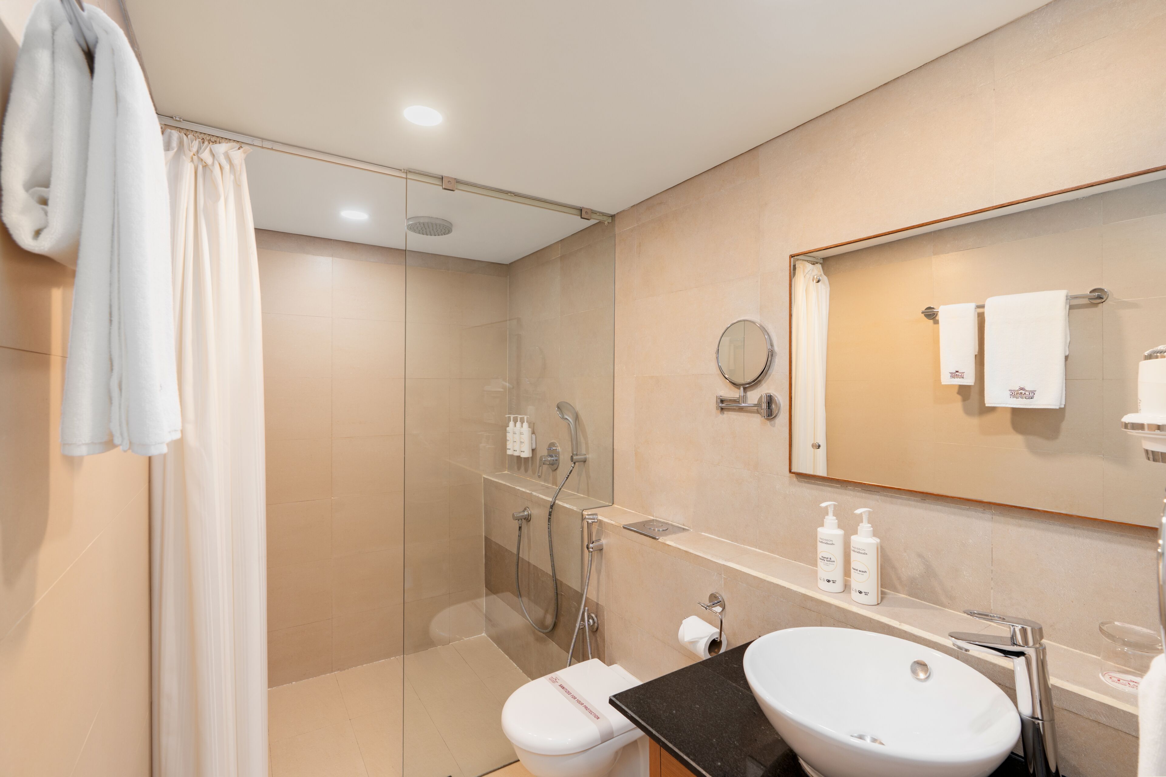 A modern bathroom with a shower, toilet, sink, and a mirror.
