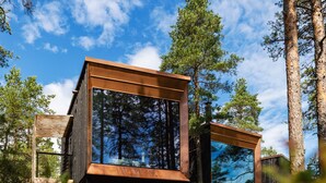 A modern cabin with large glass windows, surrounded by tall trees and a clear sky. - The Baro (Inga)