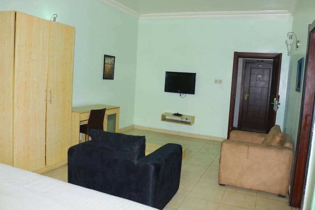 Una habitación con cama, escritorio, televisión, armario y sofá.