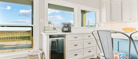 Fridge, microwave, coffee/tea maker, toaster