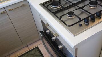 Een koelkast, een oven, kookgerei, borden en bestek