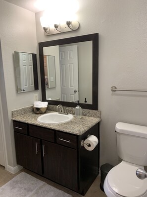 A bathroom with a white sink, dark cabinets, a large mirror, and a toilet. - 1 BR @ Med Center with Hermann Park View (Houston)
