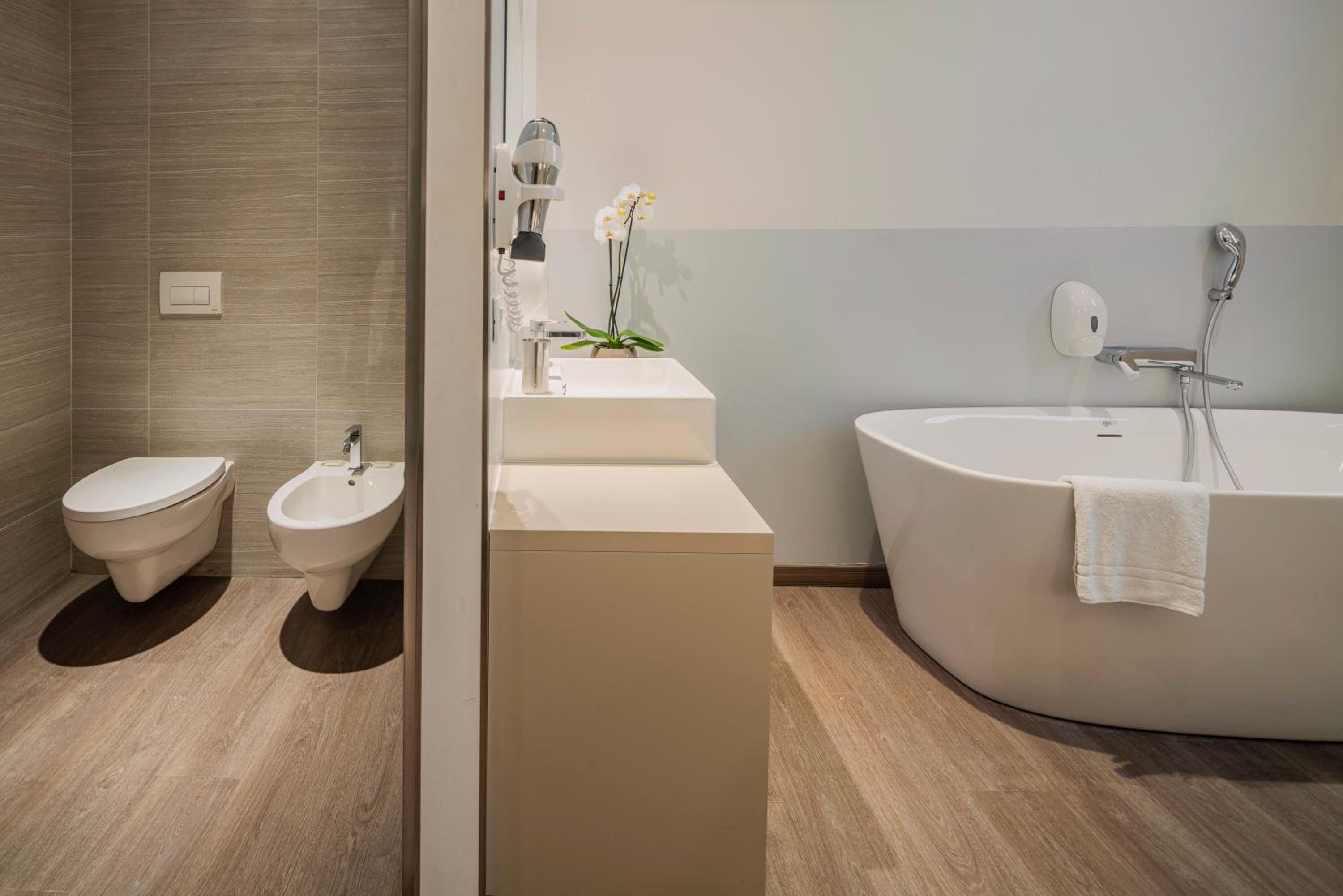 comfort double or twin room | bathroom | shower, rainfall showerhead, hair dryer, towels