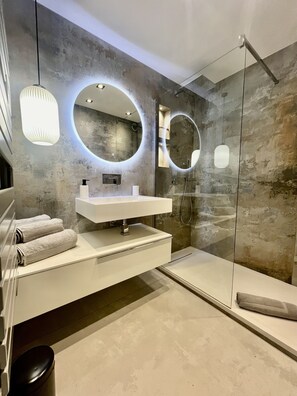 Chuveiro, secador de cabelo, papel higiênico 