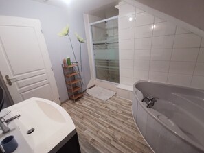 Combined shower/bathtub, hair dryer