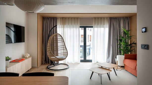 Un salon moderne avec un fauteuil suspendu, un canapé, un téléviseur et une plante en pot.