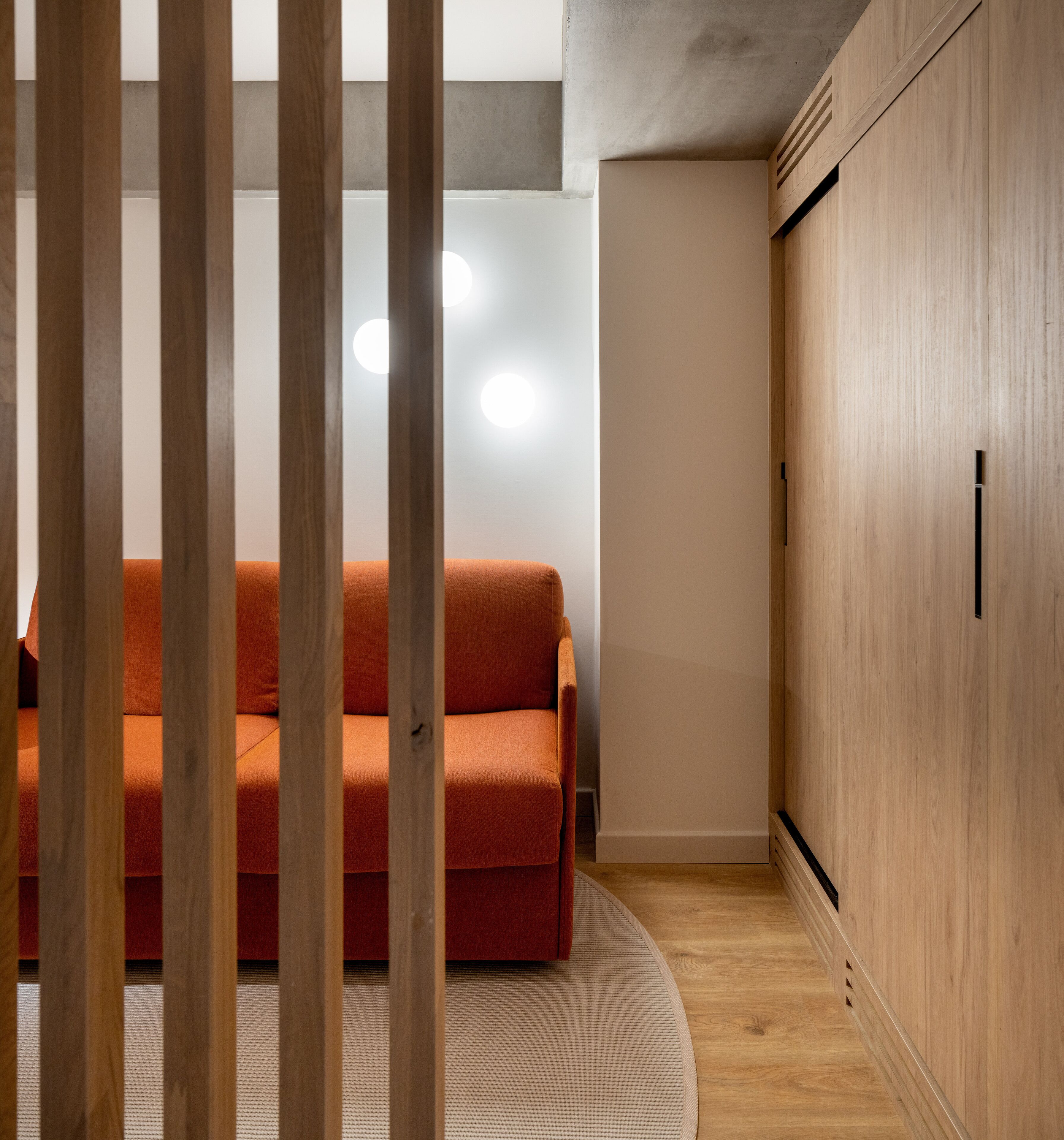 A modern room with a wooden wardrobe, a sofa, and a circular rug.