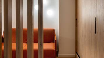 A modern room with a wooden wardrobe, a sofa, and a circular rug.