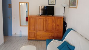 Une pièce avec un meuble en bois, une télévision, un miroir et une porte bleue.
