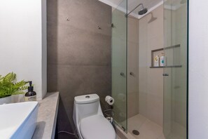 Shower, hair dryer, towels, soap