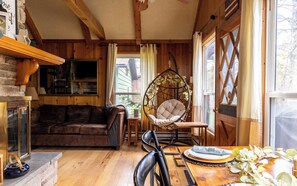 Smart TV, fireplace, books, stereo