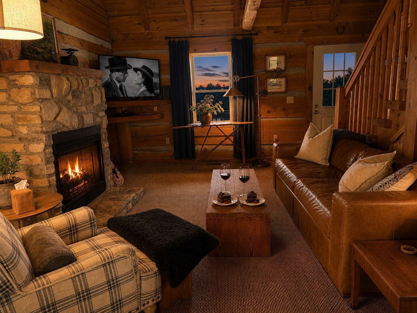 L’intérieur d’un chalet confortable, avec des murs en rondins de bois, une cheminée en pierre, un canapé à carreaux et une table basse en bois, et une vue sur l’extérieur par une porte.
