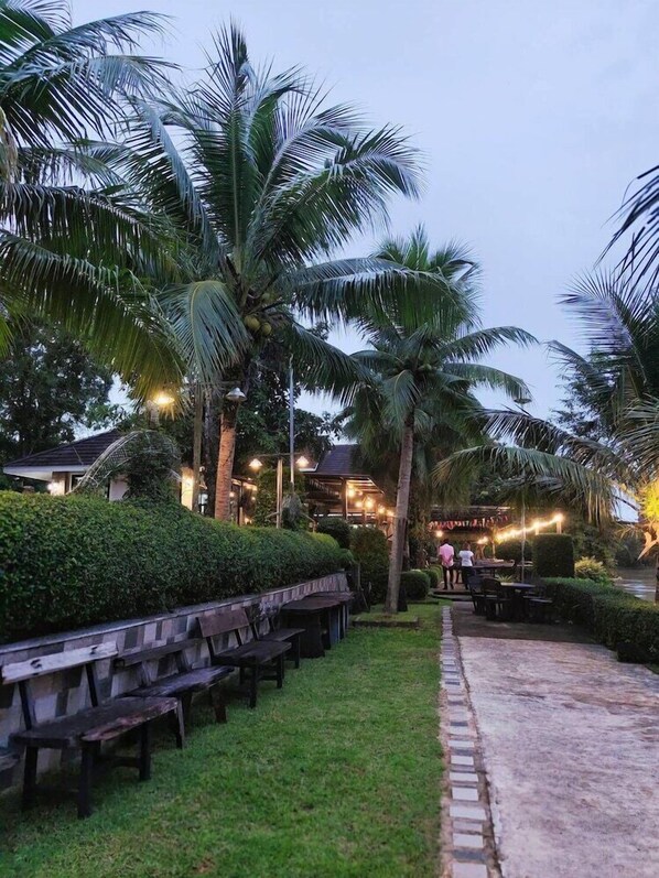A pathway lined with benches and palm trees, leading to a building with string lights. - Evergreen Resort Chanthaburi (Makham)