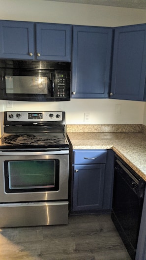 Efficient kitchen with a stainless steel stove, oven, and microwave, along with a dishwasher and window above.