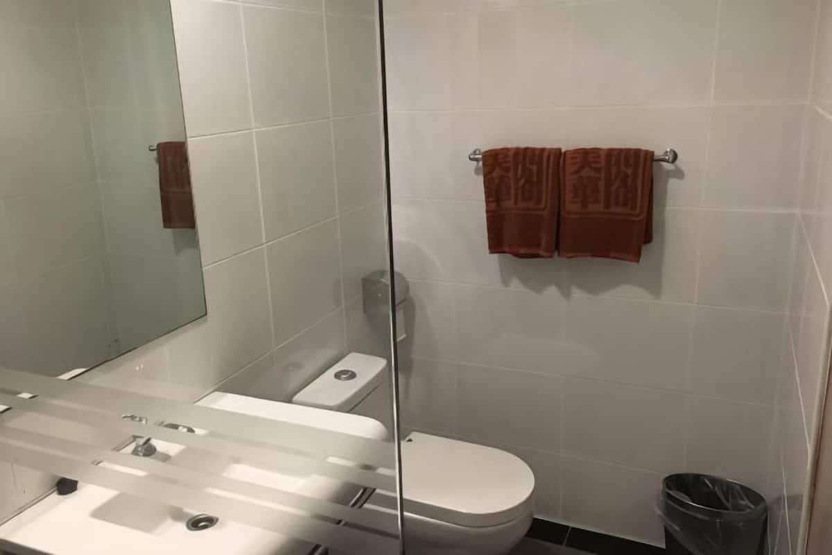 Kylpyhuone, jossa on wc, pesuallas, lasinen suihkuseinä ja roskakori.