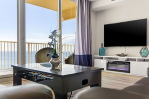 Smart TV, fireplace, table football