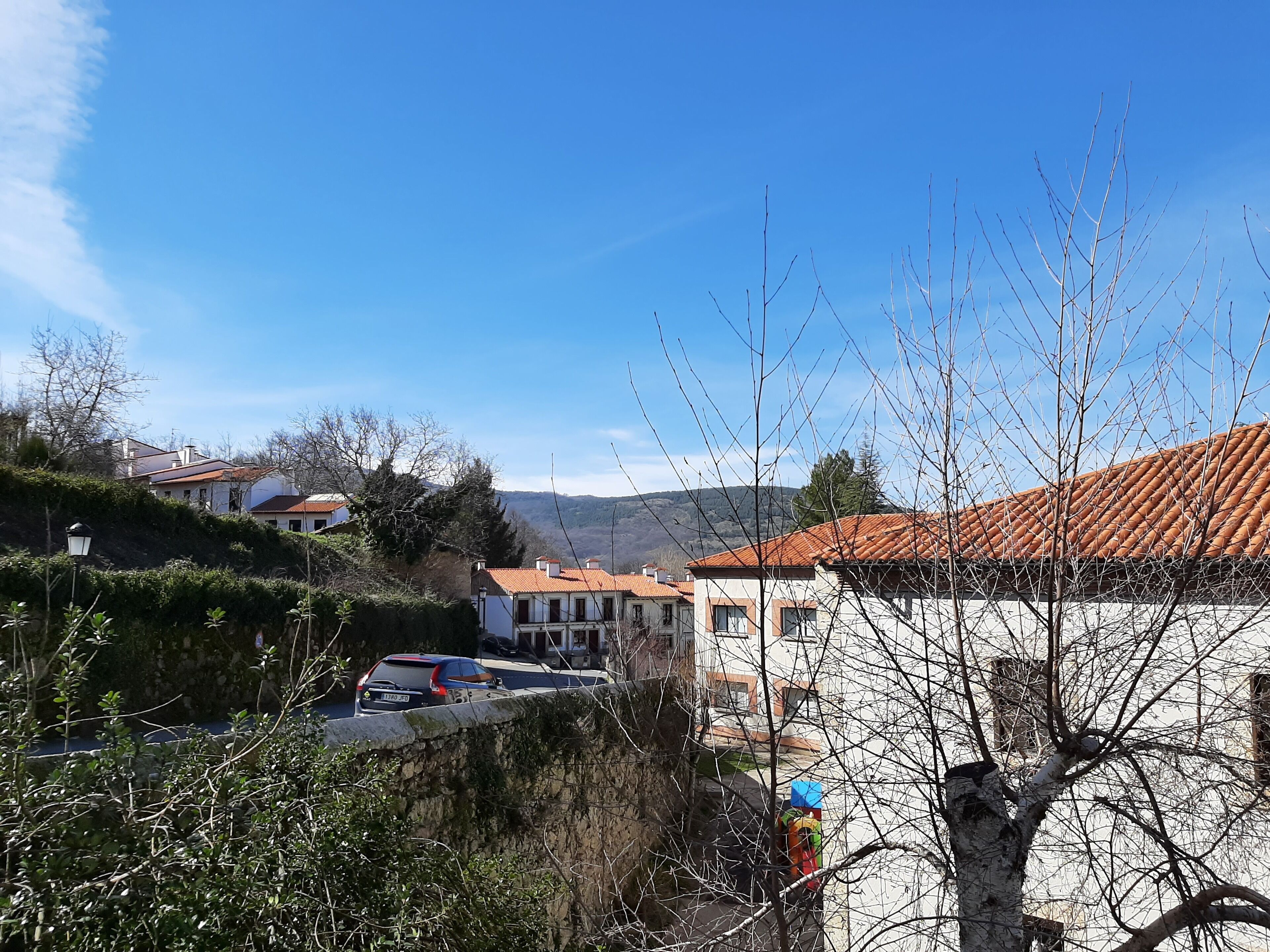 Un quartier résidentiel avec des maisons, une voiture et un arbre.